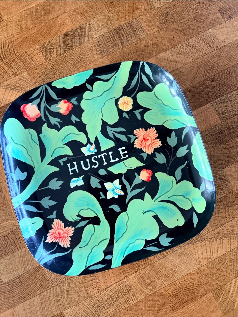 Hustle Floral Decorative Tray - Black with Green & Coral Accents